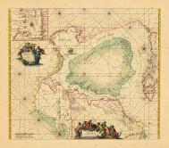 Map - Page 1, Septemtrionaliora ASmericae a Groenlandia [upper cartouche].  De Noordelyckste Zee... [low. cart.]